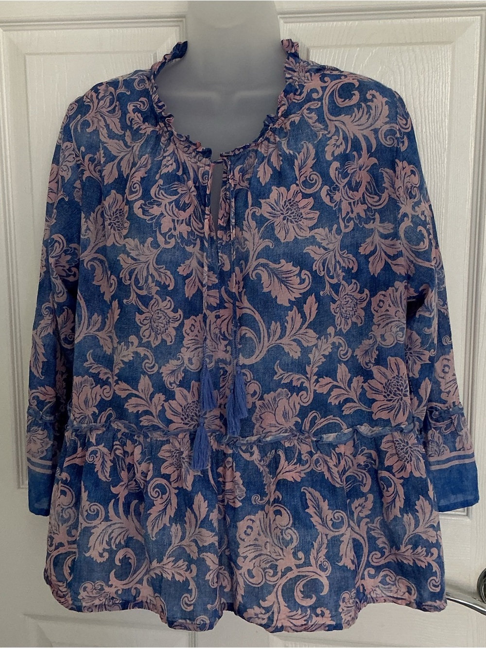 Johnny Was Blue and Pink peplum Ruffle Peasant Blouse